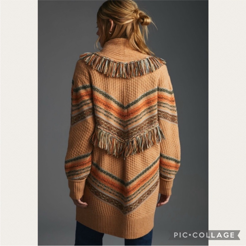 Anthropologie Fringed Cardigan Sweater in Neutral Pattern - Picture 5 of 11